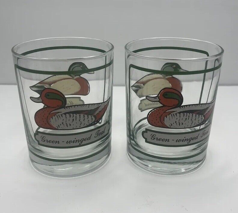 Vintage Libbey Mallard Green Winged Teal Duck Drinking 4\'\' Tall Glass Cup Set