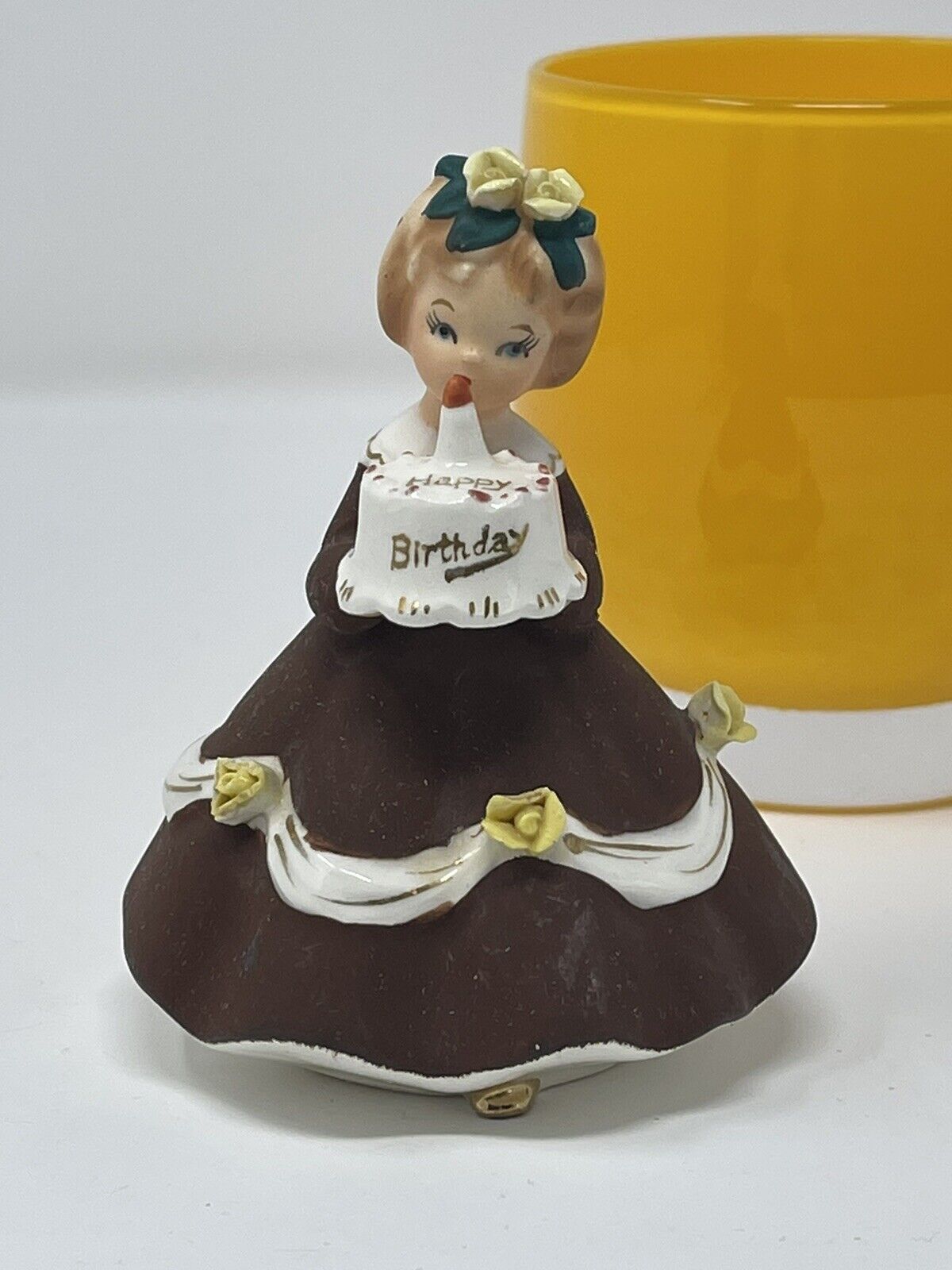 Vtg Japan Shafford Happy Birthday Girl Cake Brown Dress 1950 Figurine Candle