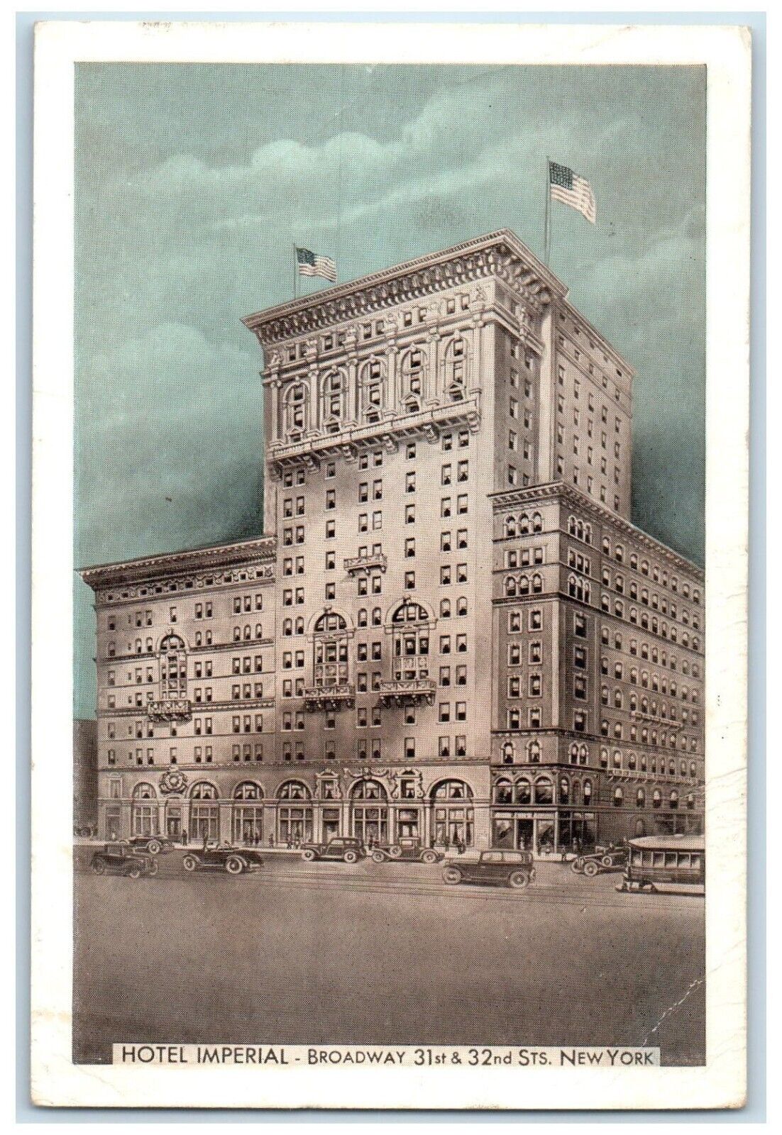 1937 Hotel Imperial Building Street View Cars New York NY Vintage Postcard