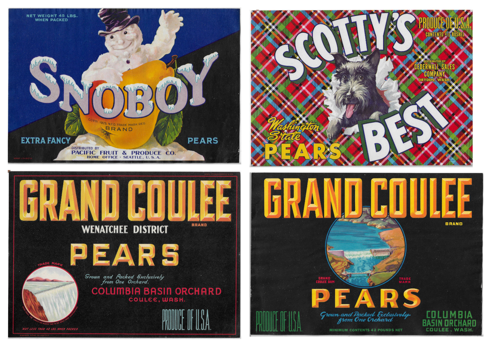 Washington State Vintage Lot of 4 Pear Fruit Labels Grand Coulee Scotty\'s Snoboy