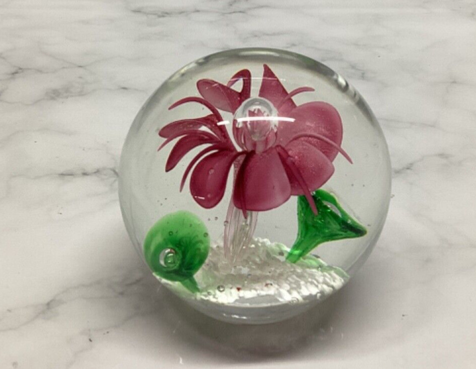 Vintage pink floral Glass Paper weight Heavy Sphere 3 Inch