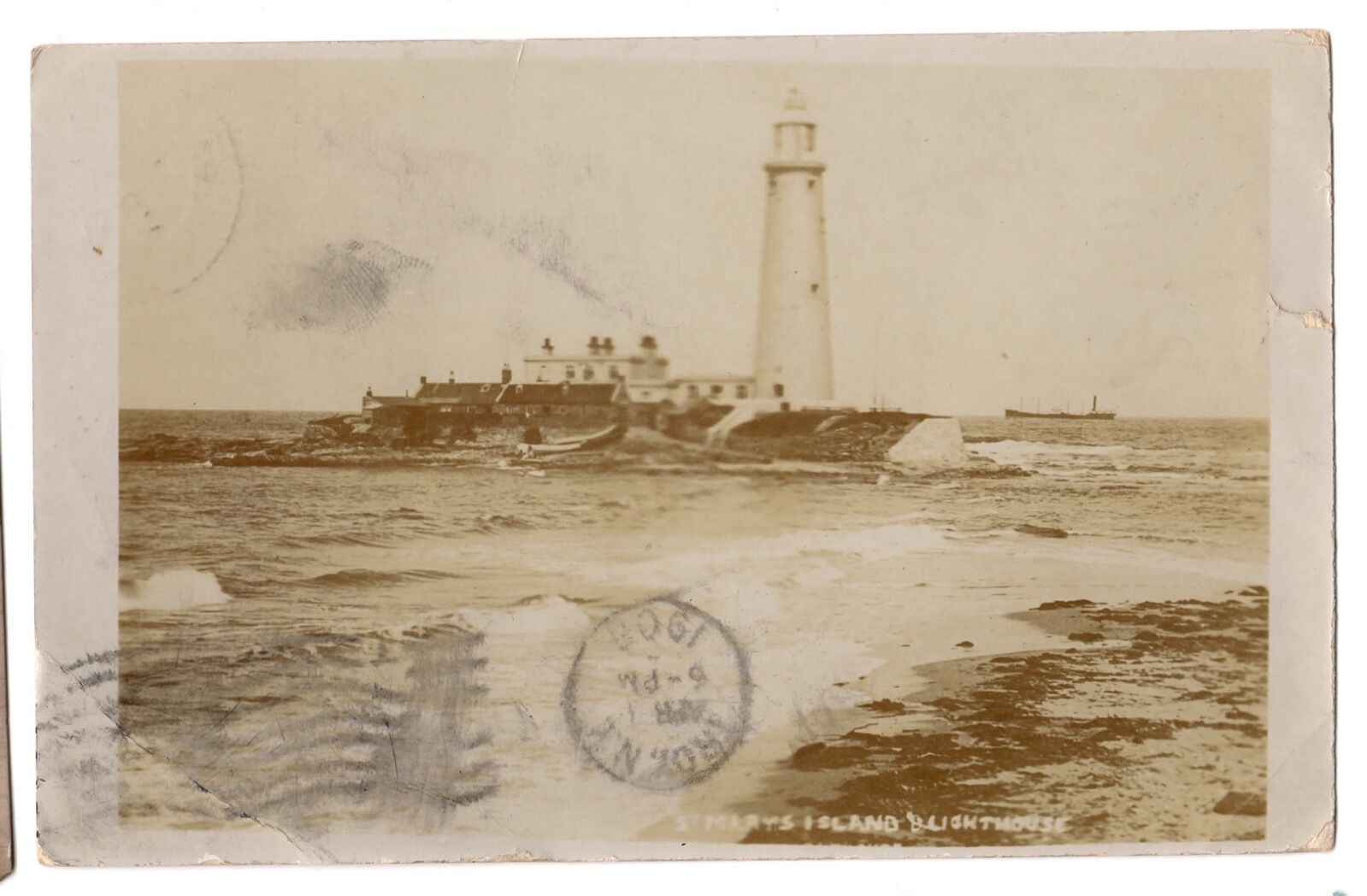 St. Mary’s Island Lighthouse RPPC Whitley Bay England Northumberland Postcard