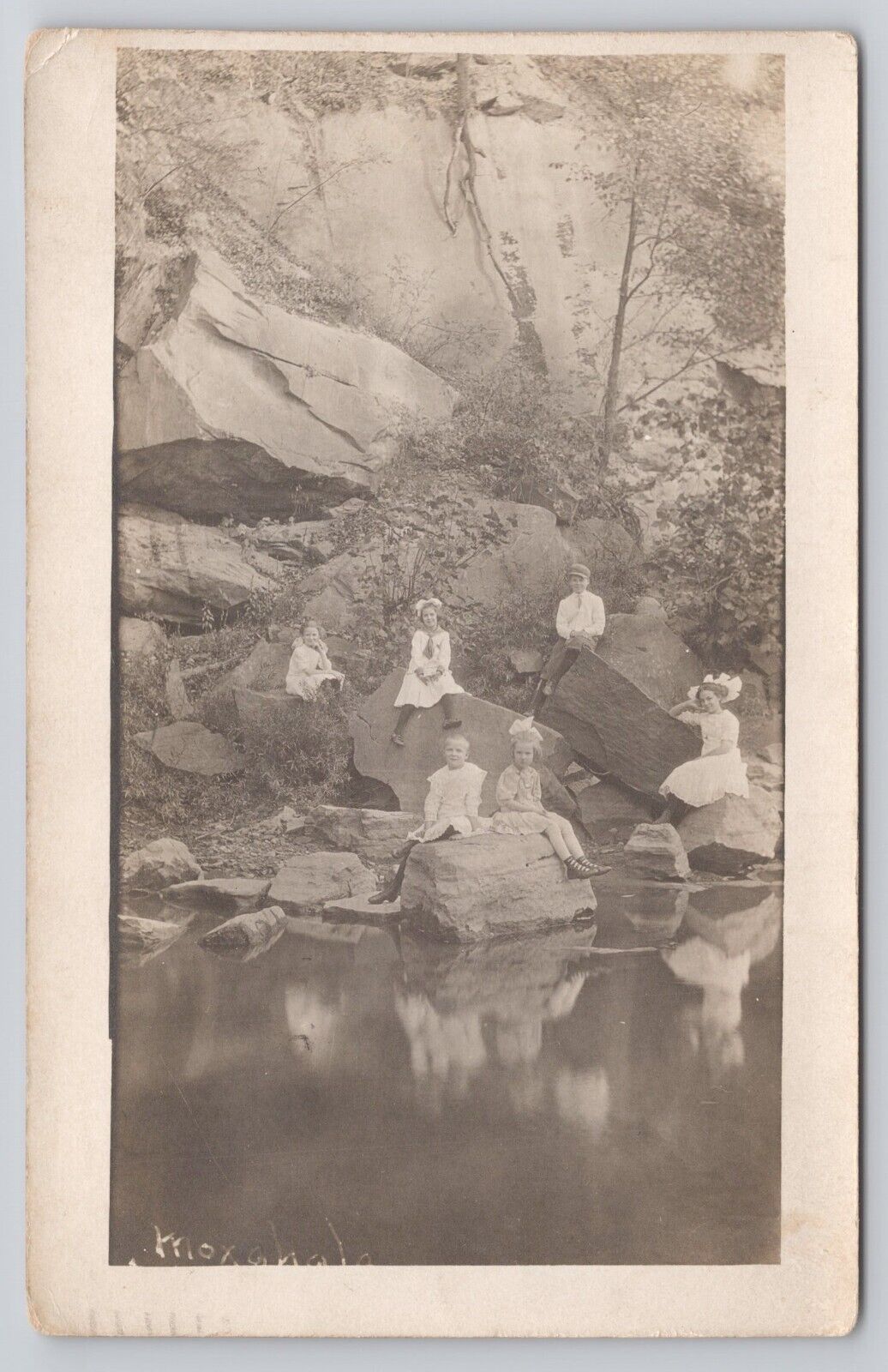 RPPC Real Photo 6 Children on Rocks Moxahala Ohio OH 1910 Zanesville Postcard
