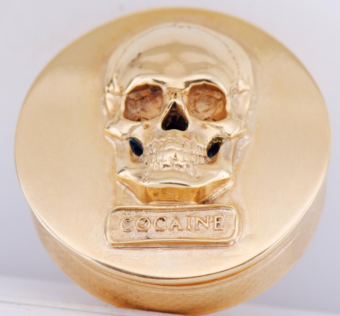 Antique 18k Gold Plated Medicine Poison Pill Box Skull Warning Tag