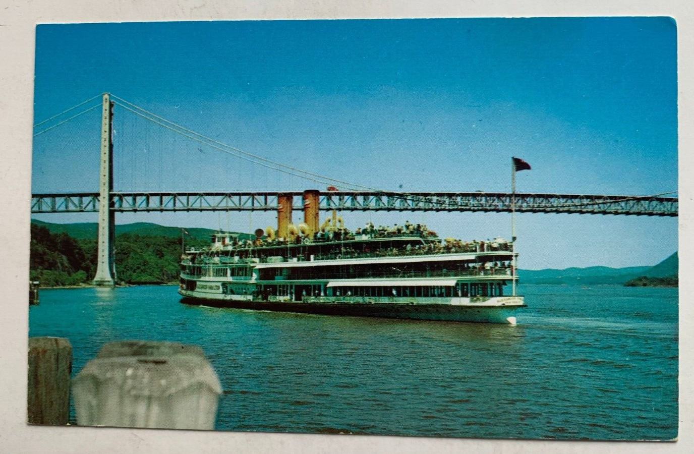c 1960s NY Postcard Bear Mountain Bridge Hudson River Steamer Alexander Hamilton