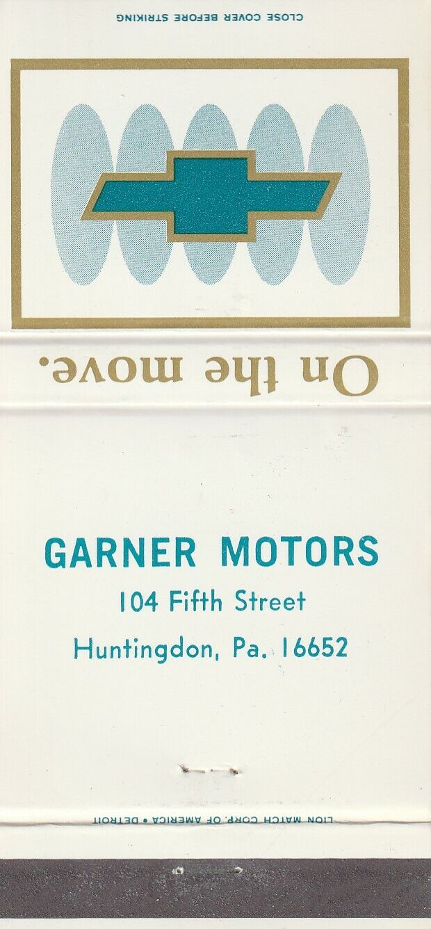 VINTAGE AUTO DEALER MATCHBOOK COVER. GARNER MOTORS. HUNTINGDON, PA.
