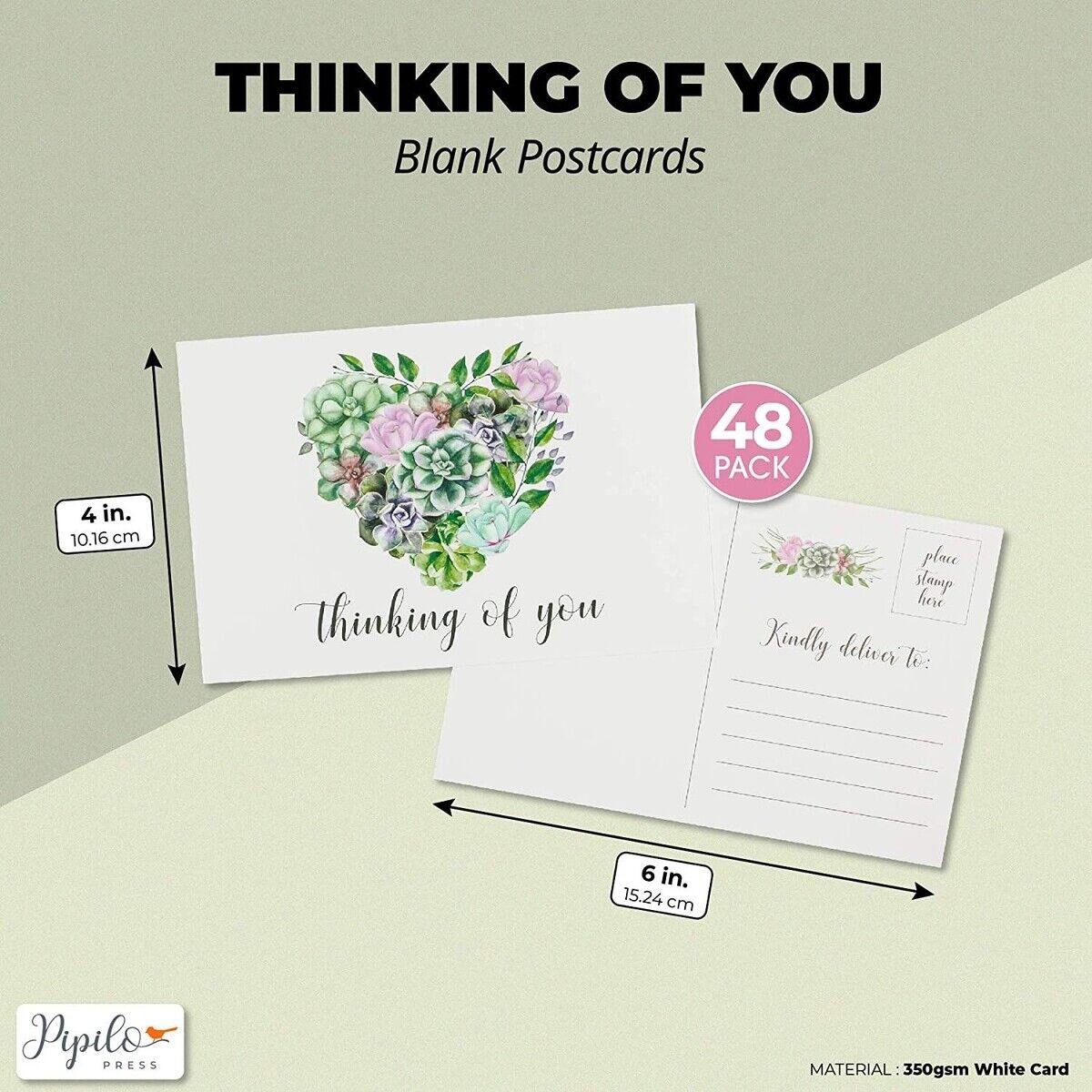 Blank Postcards, Thinking Of You, Heart and Succulents (6 x 4 In, 48 Pack)