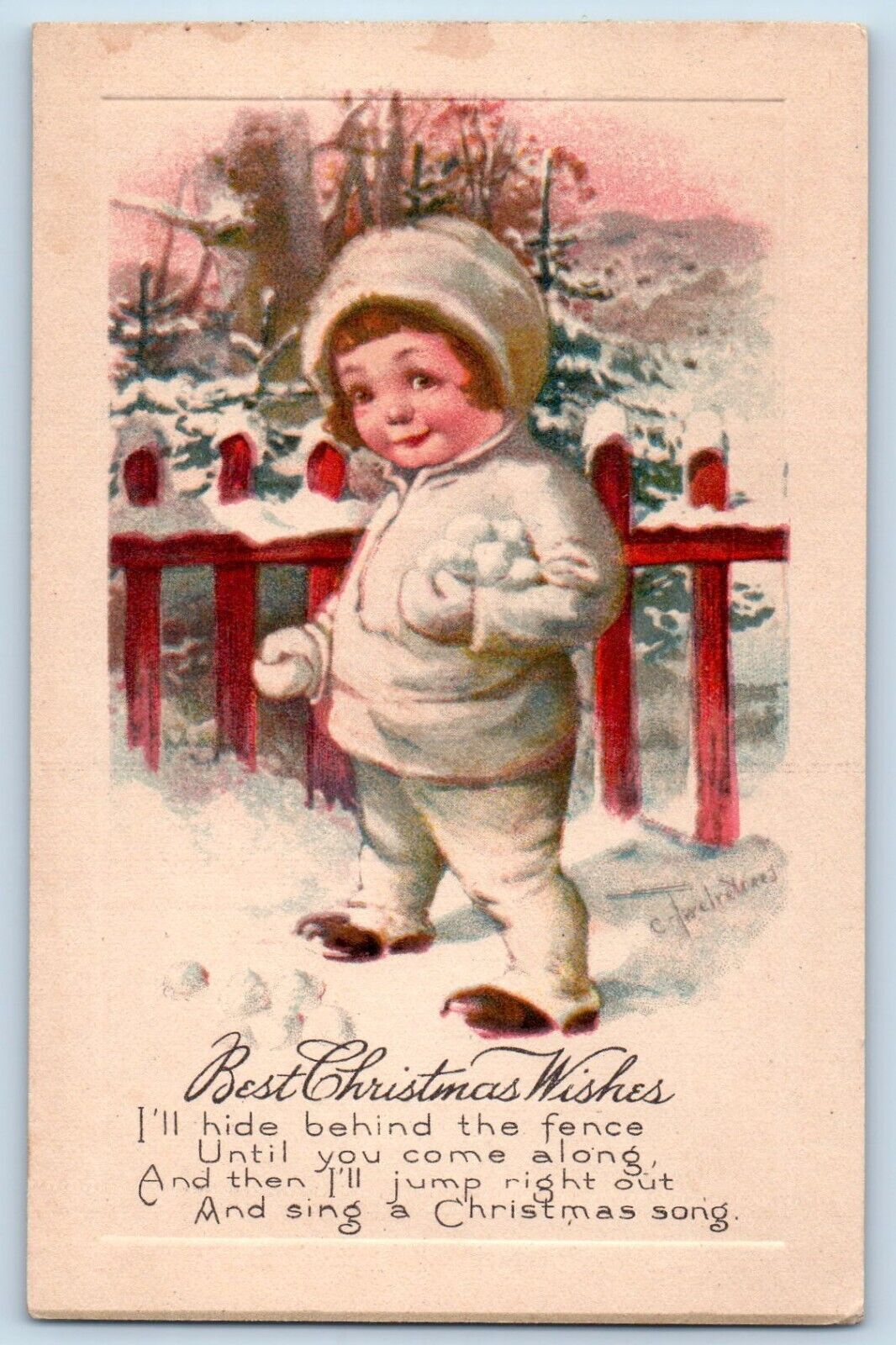 Twelvetrees Signed Artist Postcard Christmas Wishes Child Playing Snowball 1926