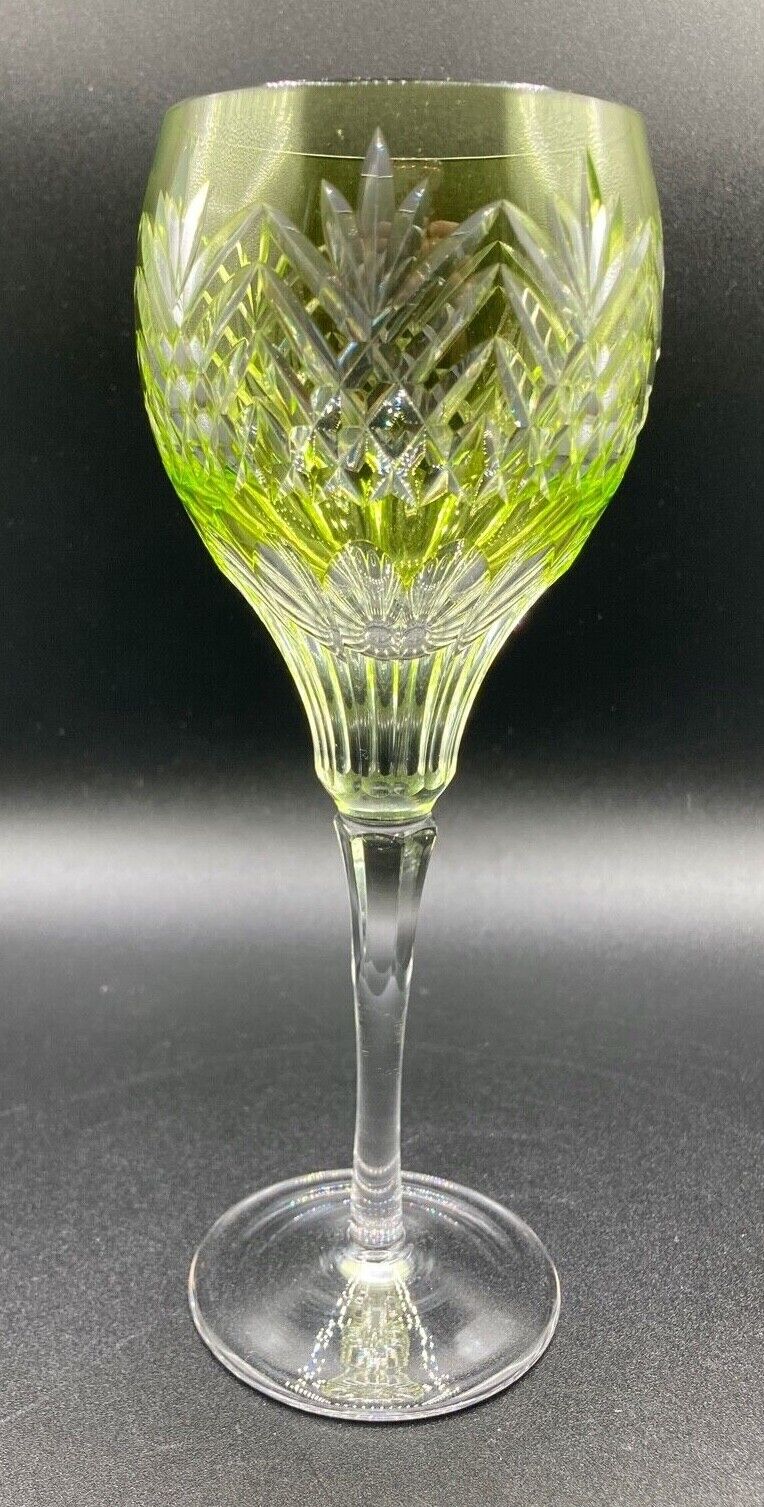 Lime Peridot Green Crystal Cut To Clear Stemmed Wine Glass