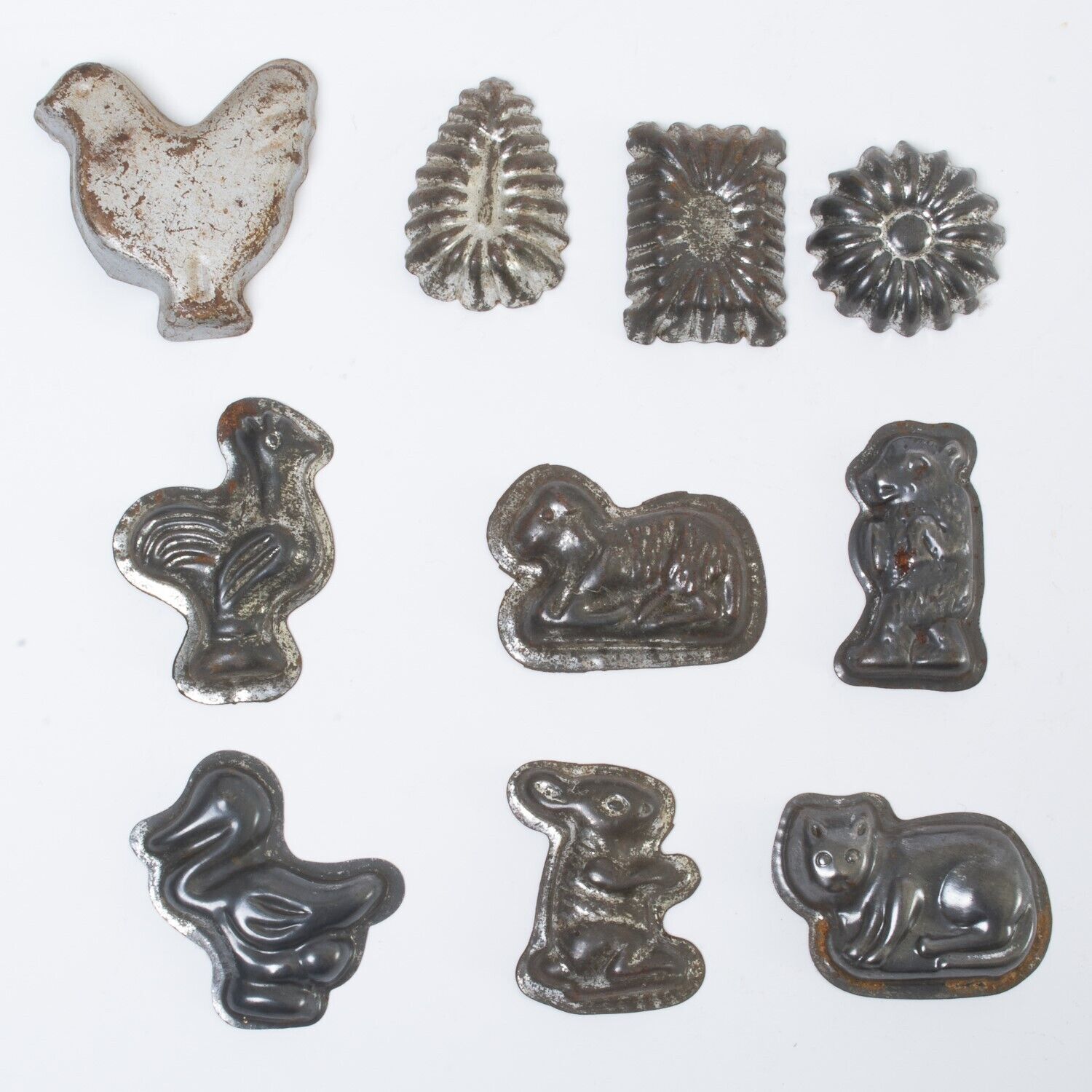 Set of 10 Antique Tin Candy Molds Small Bite-Size Animals Bear Rooster Cat Lamb