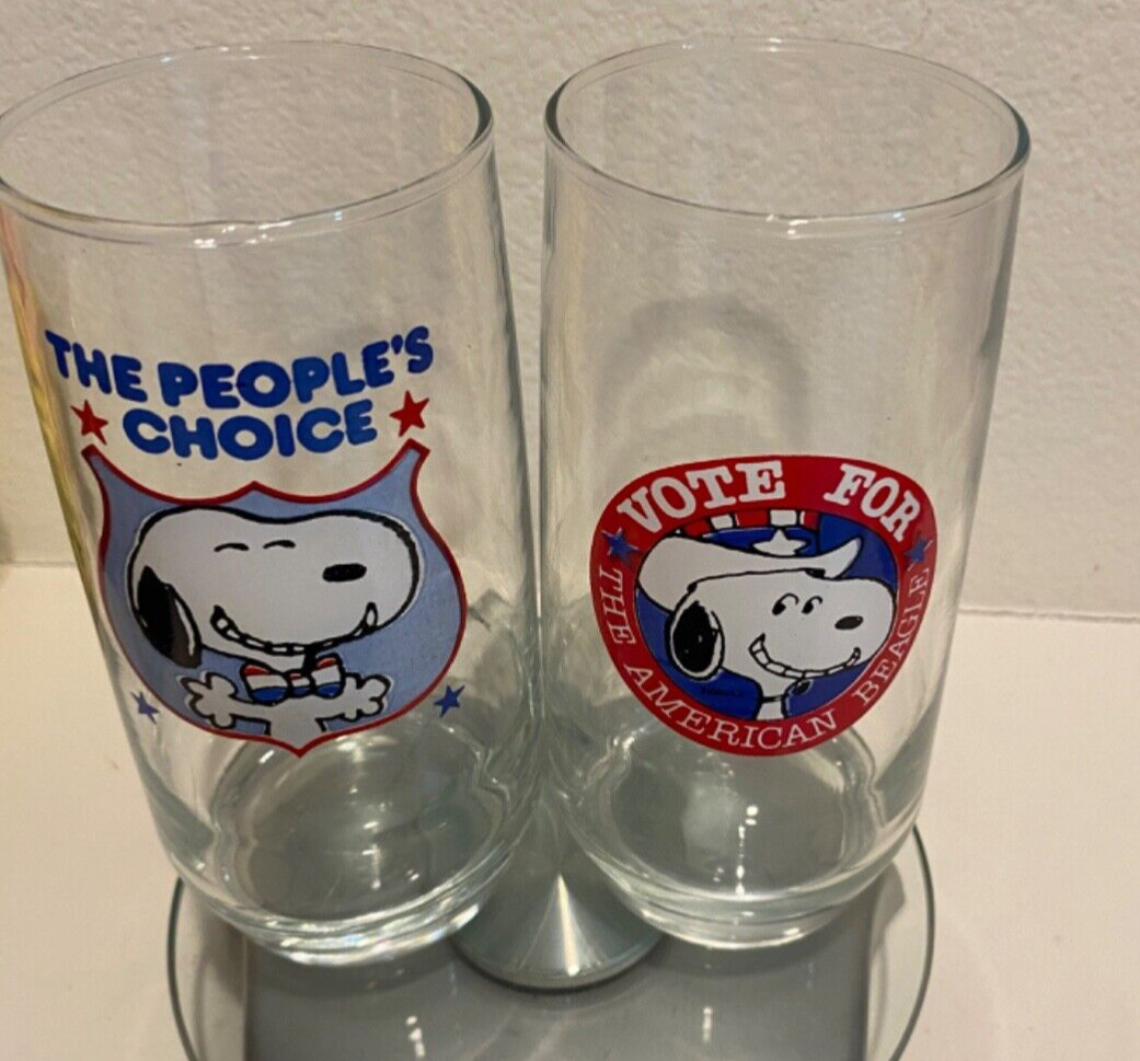 2 Anchor Hocking Vintage Peanuts Snoopy Drink Glasses Vote Beagl White House