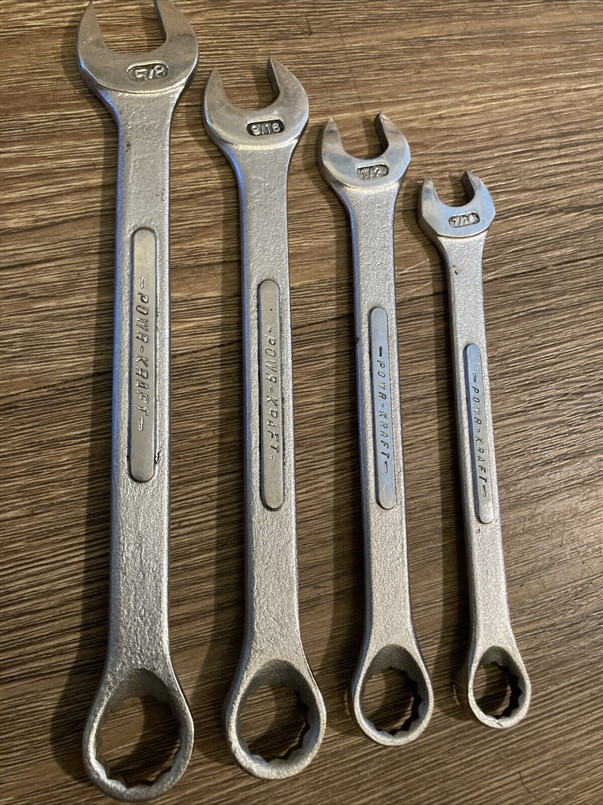 4 Vintage POWR KRAFT Wrenches Combination Open & Box End 7/16 1/2 9/16 5/8 USA