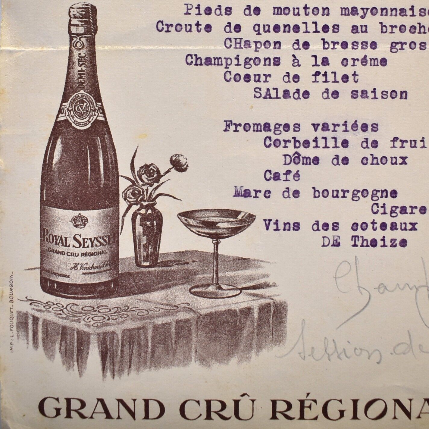 1935 Hotel La Feuillée Restaurant Grand Cru Wine Menu Le Bourg Theizé France