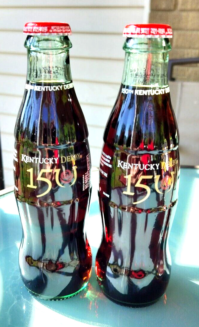 Pair of Ltd Edition 150th Kentucky Derby Coca-Cola 8oz Glass Bottles for Derby