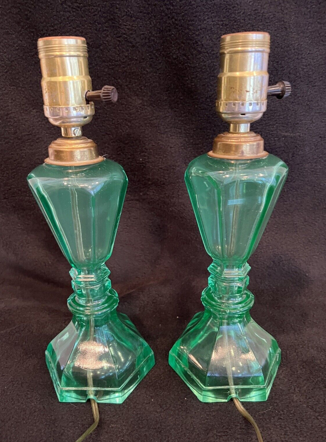 RARE Matching Pair of Vintage Green Uranium Vaseline Electric Table Lamps GLOW