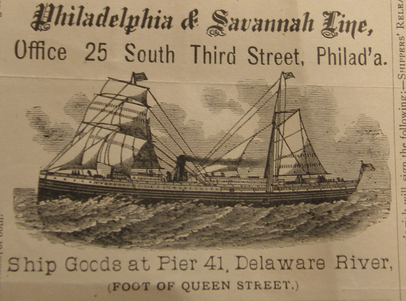 ANTIQUE 1881 SHIP'S BILL OF LADING OCEAN STEAM SHIP COMPANY OF SAVANNAH GEORGIA