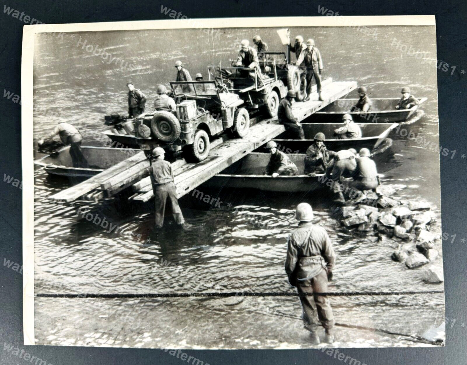 WWII US Soldiers Jeeps Ferry Cross Rhine River Germany 1945 Original Press Photo