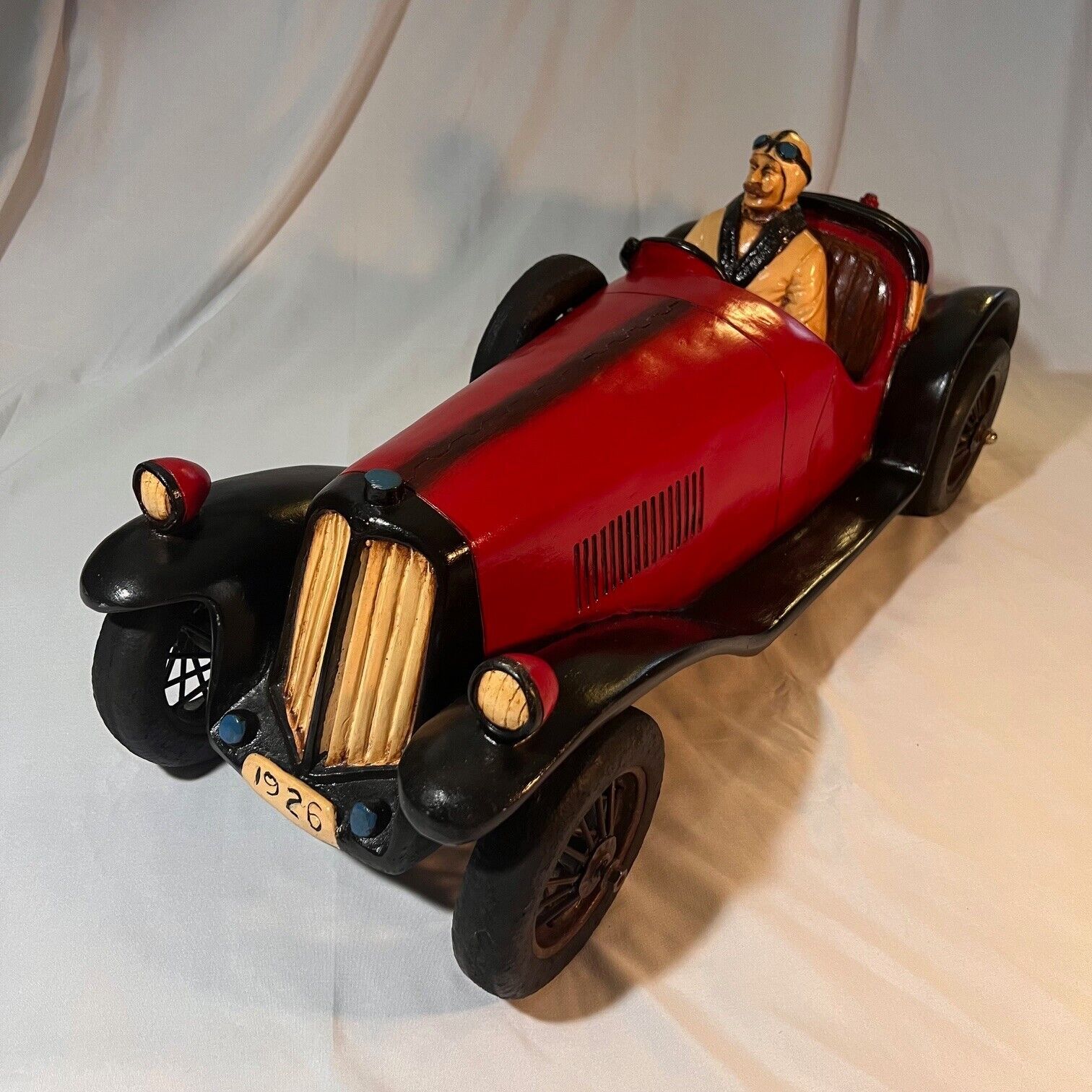 Vintage Large Wooden Hand-Carved Racing Car Bugatti Model with Driver 26\
