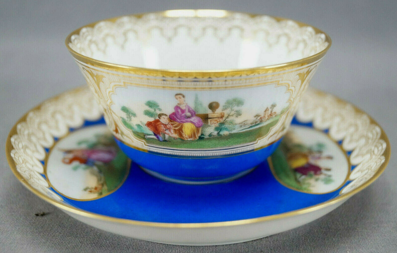  Late 19th Century Sevres Style Courting Couple Blue & Gold Tea Cup & Saucer G 