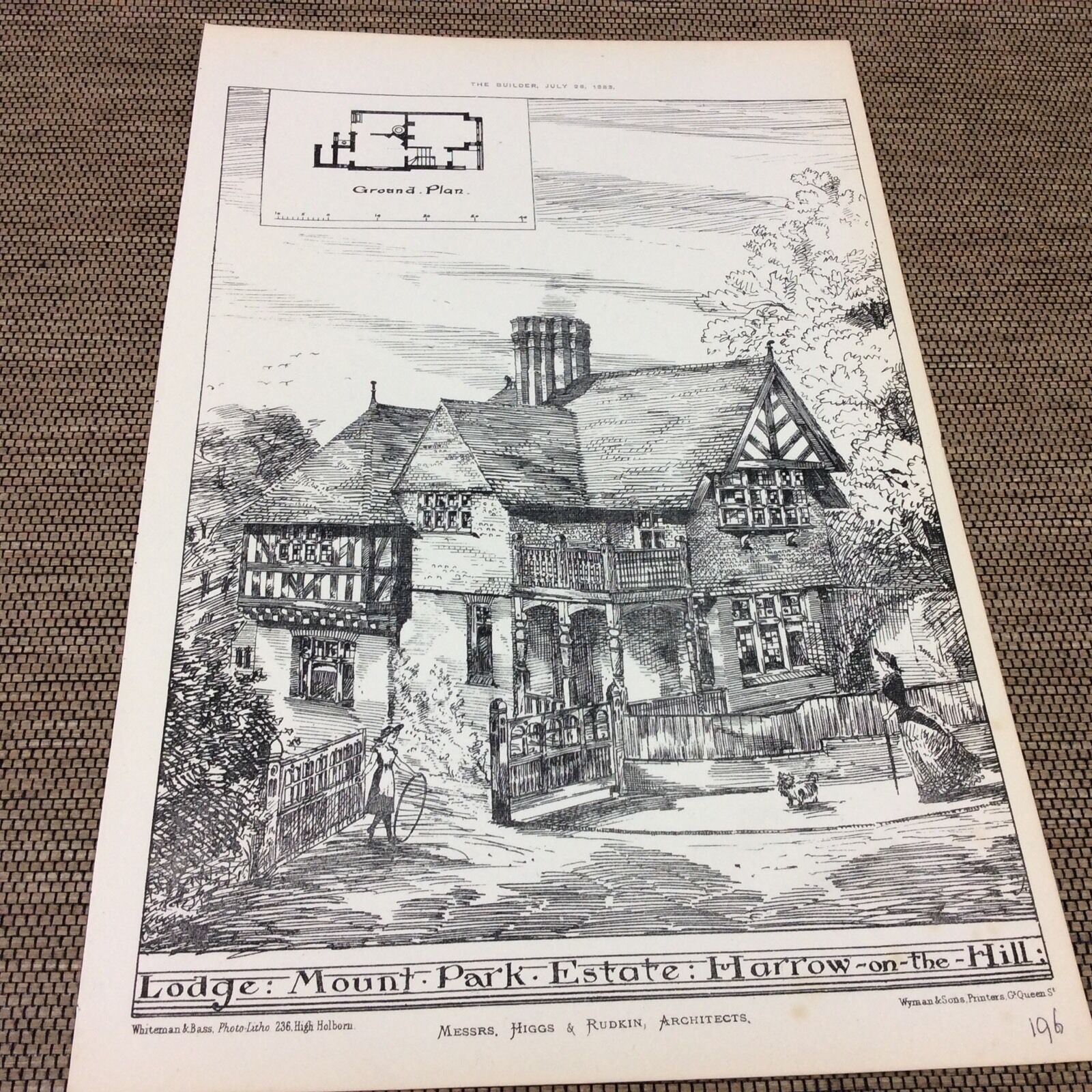 1883 Antique Architects print - Lodge -Mount Park Estate Harrow on the hills