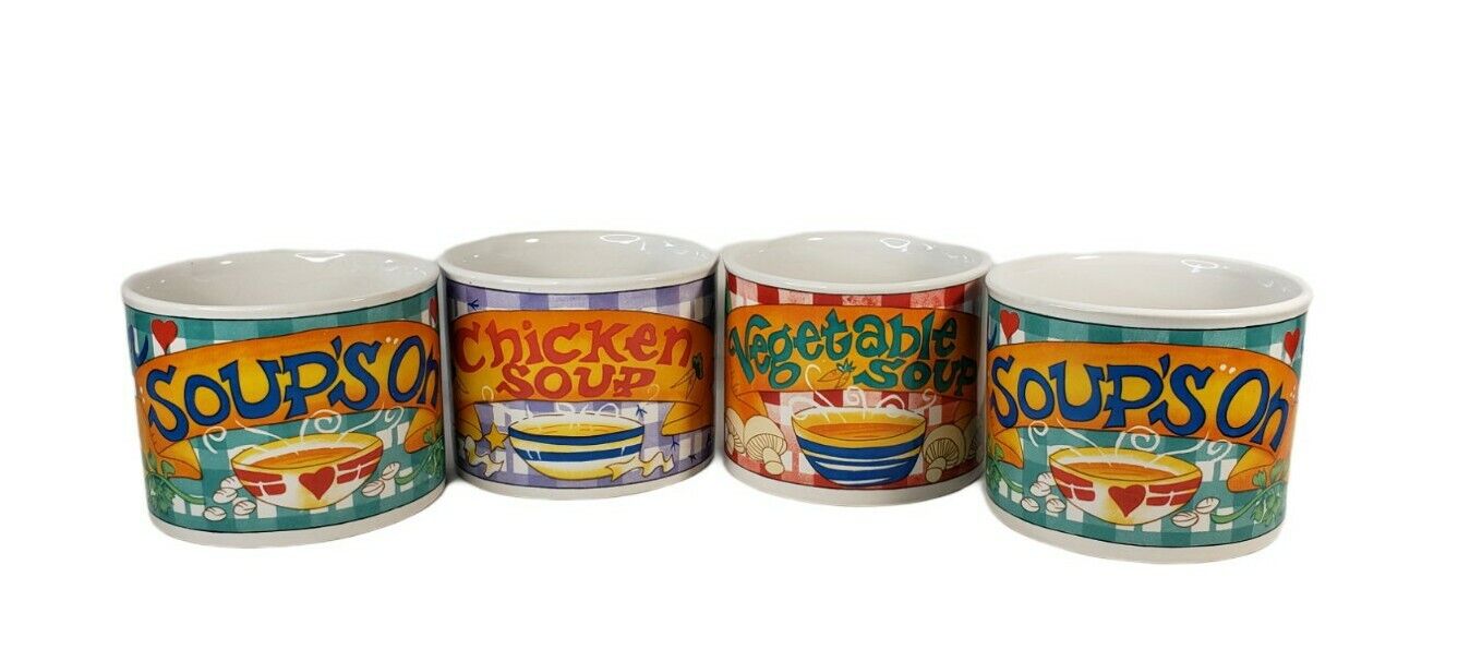 Soups on 4 Soup Mugs Bowls w Cartoon style graphics - Cozy Dining Cottage Lunch