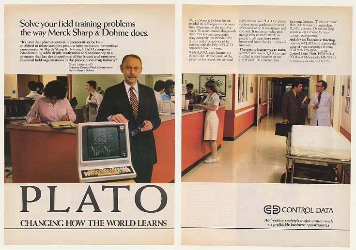 1982 Merck Sharp & Dohme Control Data PLATO Computer 2-Page Ad
