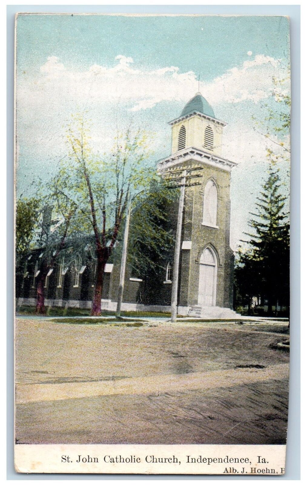 c1910's St. John Catholic Church Building Dirt Road Independence Iowa Postcard