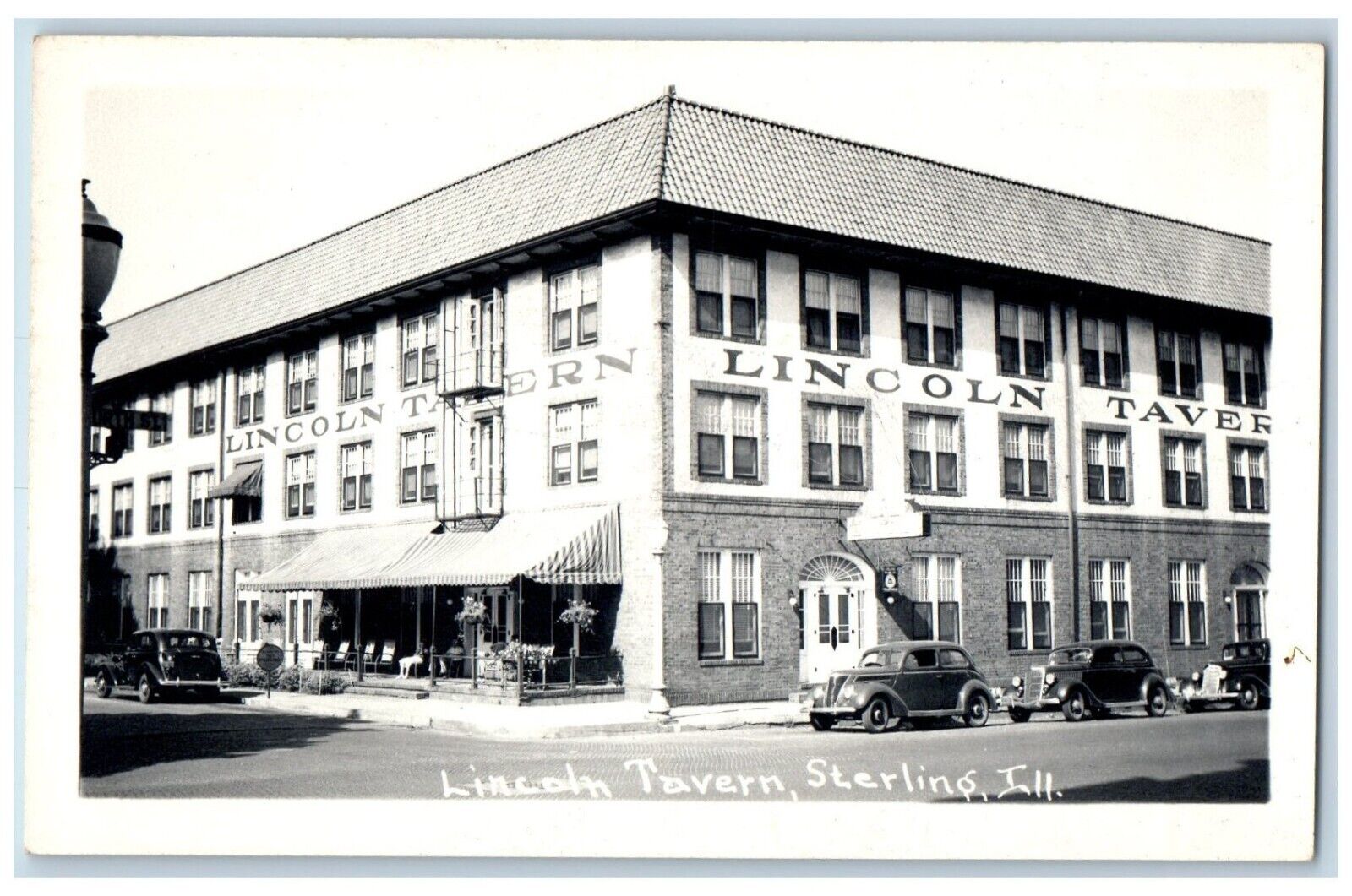 Sterling Illinois IL Postcard RPPC Photo Lincoln Tavern Building Cars c1940\'s