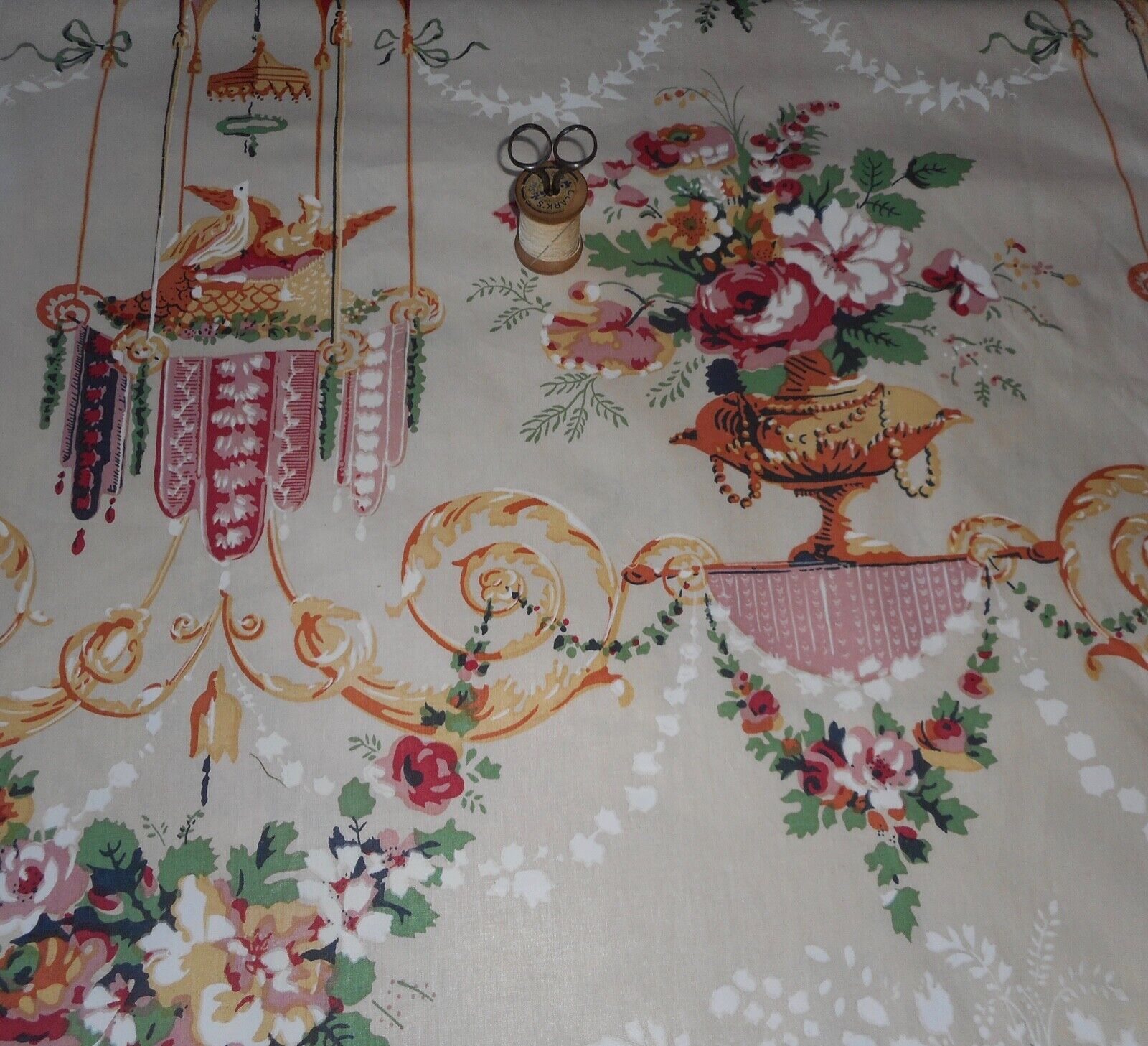 Vintage Louis Dove Urn Floral Polished Cotton Fabric #2~Rose Ochre Wine~Diament