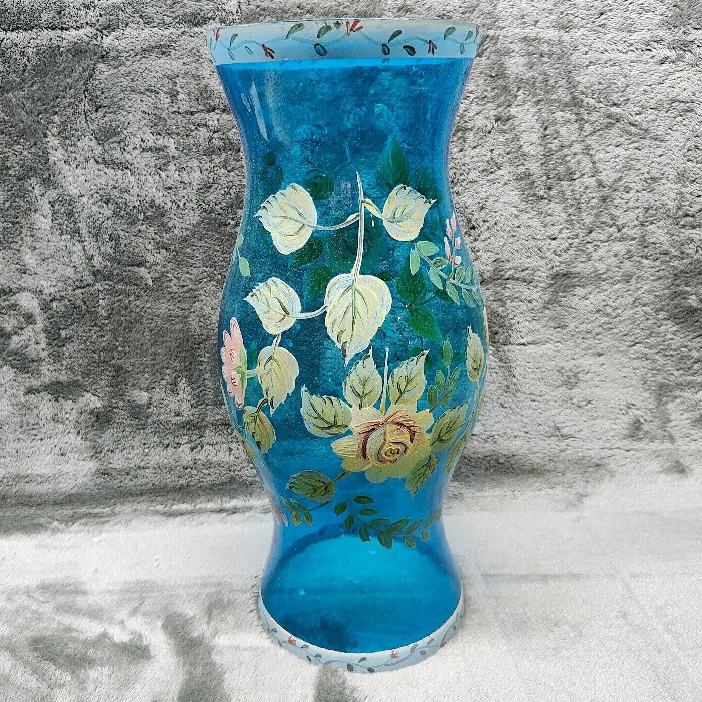 Vintage Hurricane Lamp Shade Blue Glass Chimney with Hand Painted Yellow  Roses