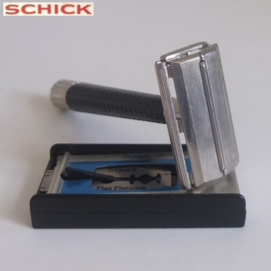 vintage SCHICK twist-to-open safety razor, c.1966, plus bonus double edge blade