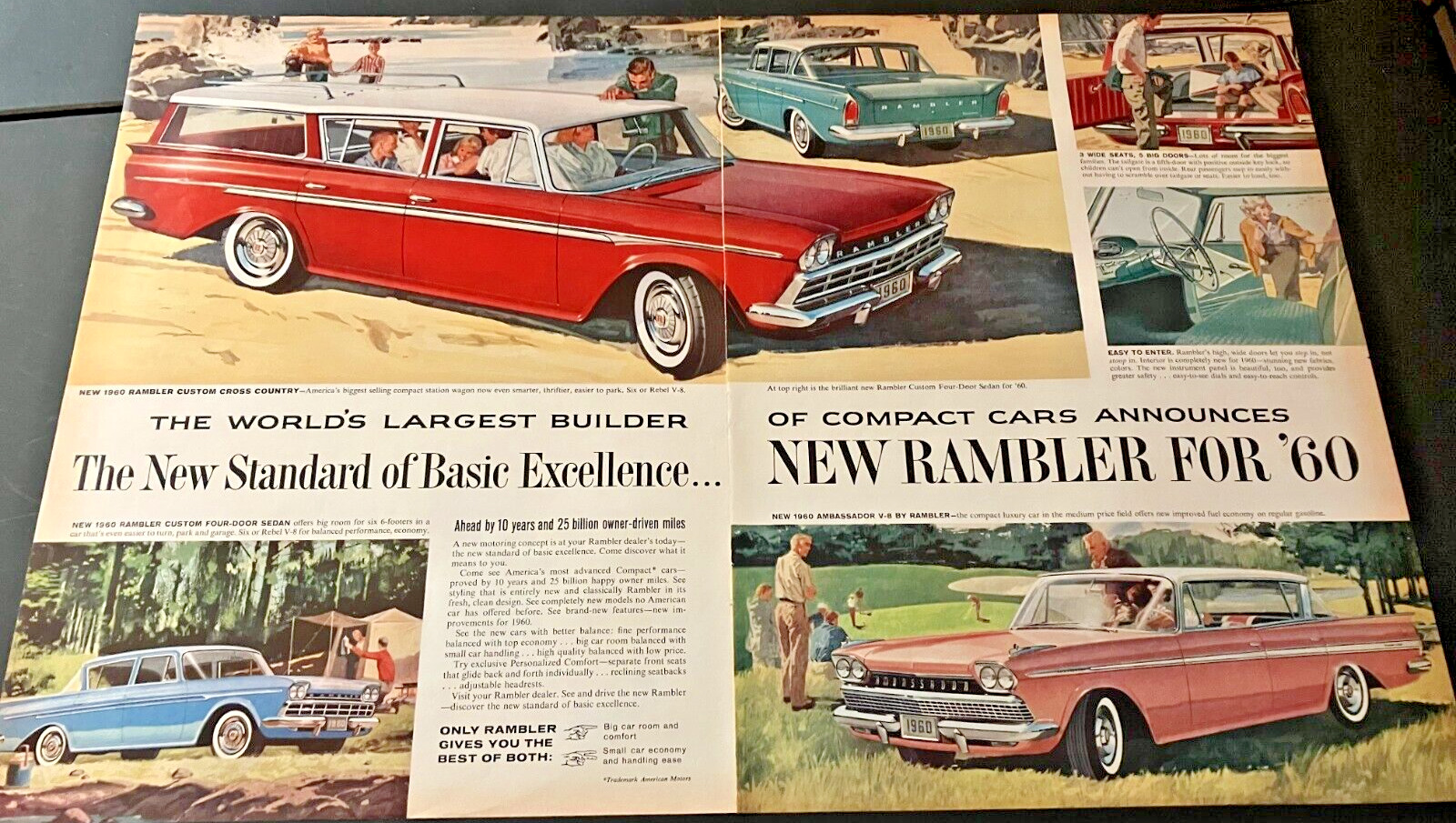 1960 AMC Rambler Model Range - Vintage Illustrated Color Print Ad / Wall Art