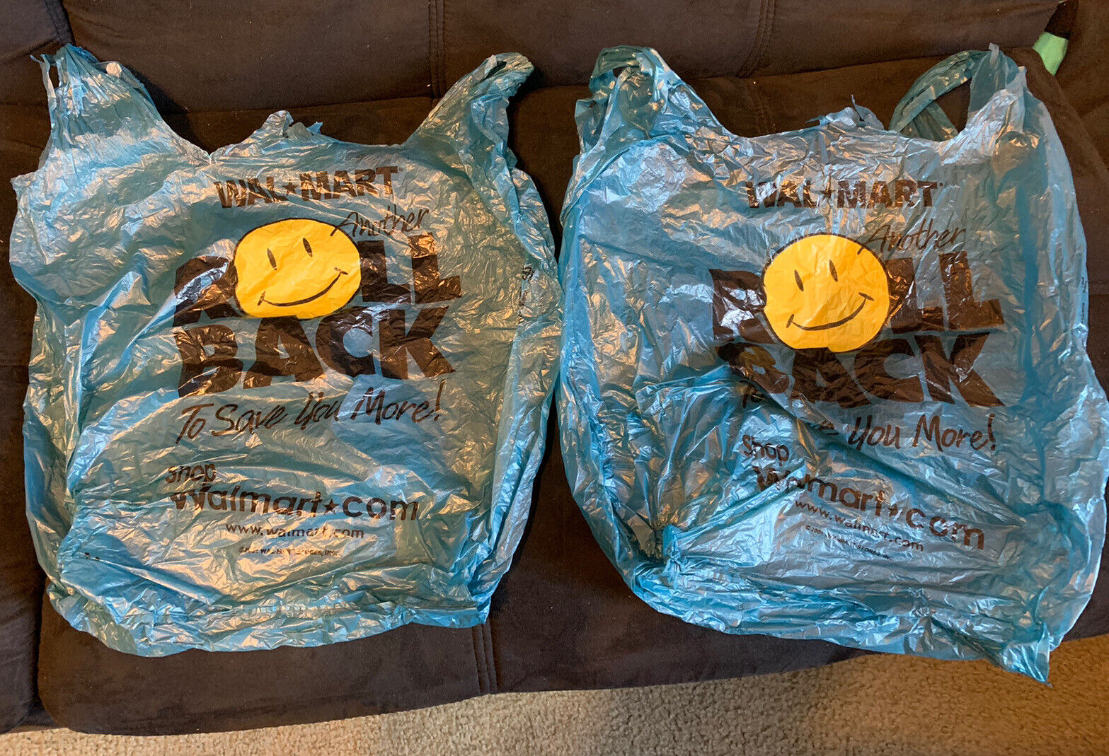 2 Walmart Blue Plastic Shopping Bags With Smiley Faces 2001
