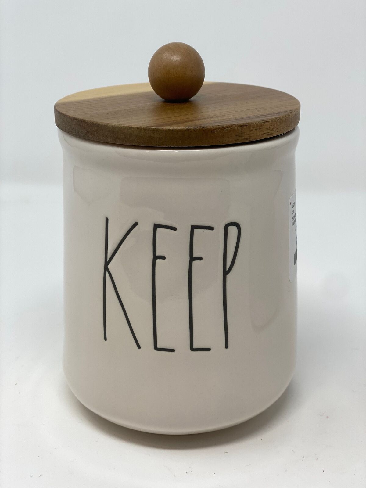 Rae Dunn Classic White KEEP canister with acacia wood lid, White collection, Cl