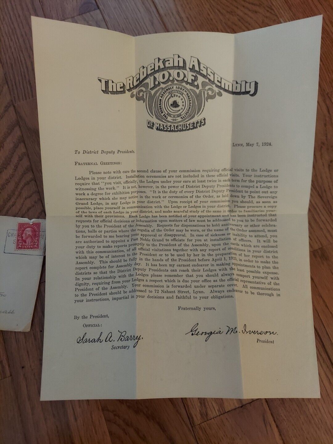 Ioof Odd Fellows Official Typed Letter From Lynn Ma. To District Deputy Pres.
