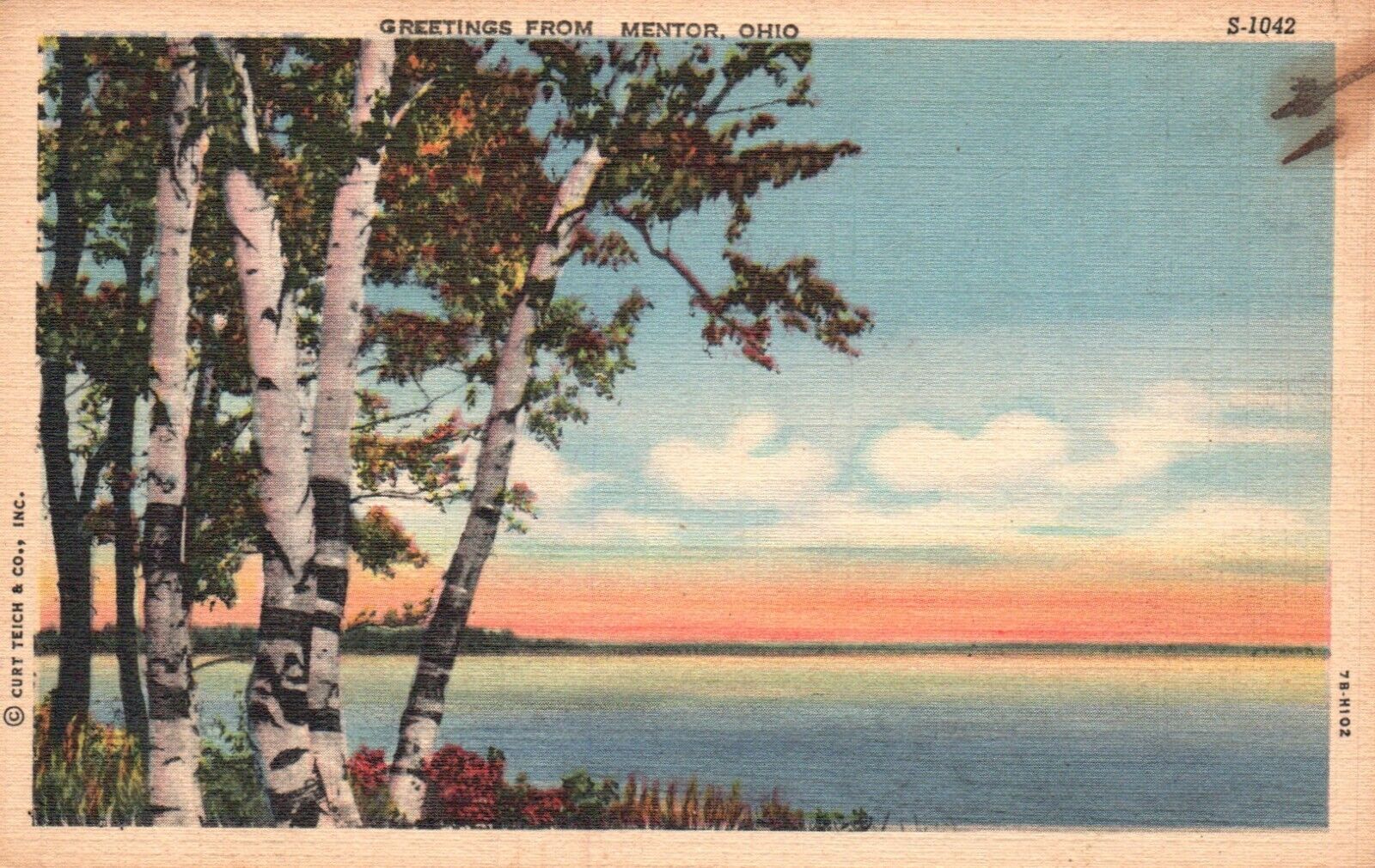 Postcard OH Mentor Greetings Fall Birches by Water 1949 Linen Vintage PC H9212