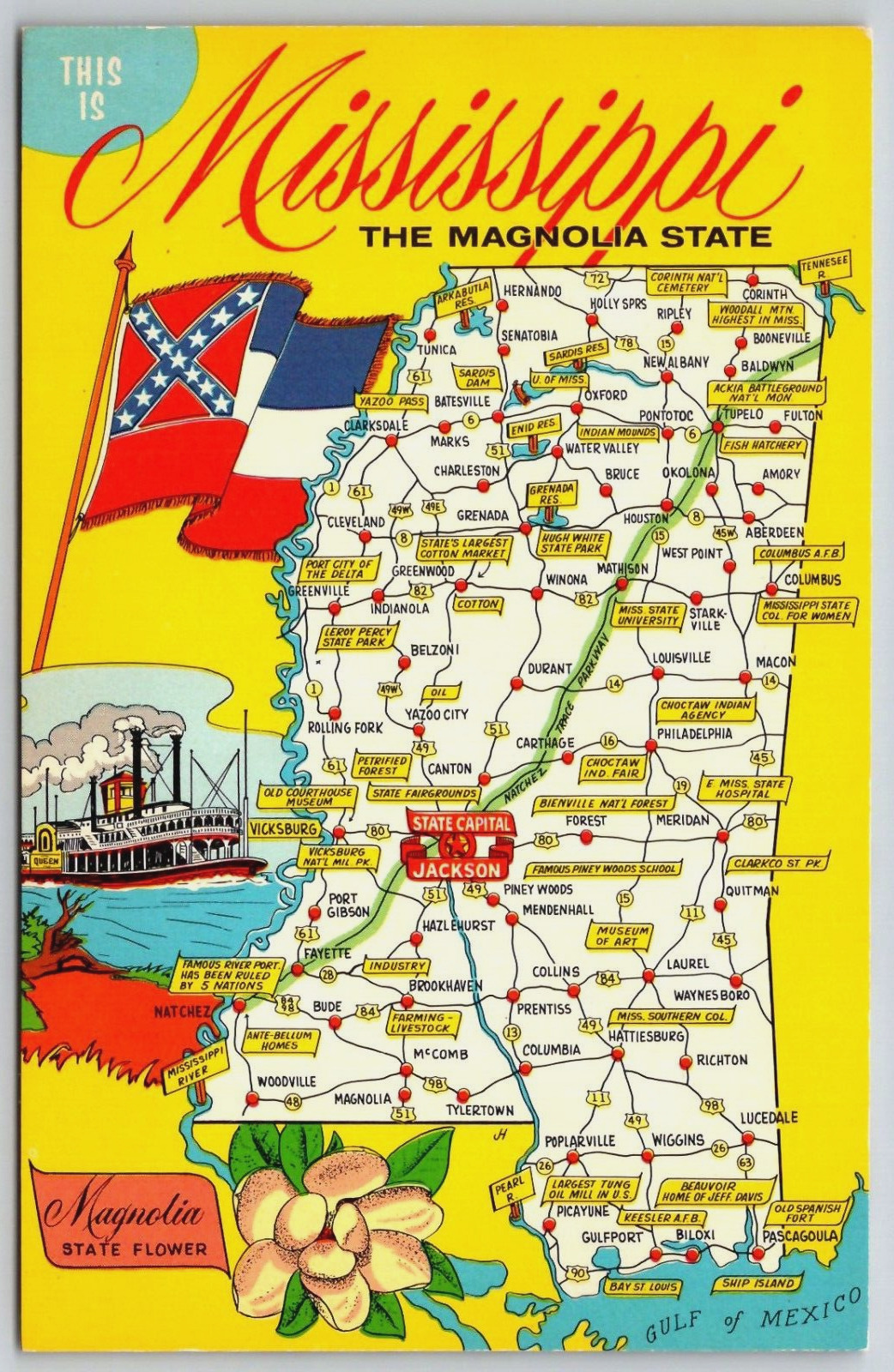 Vintage Postcard - Mississippi Map Travel Postcard
