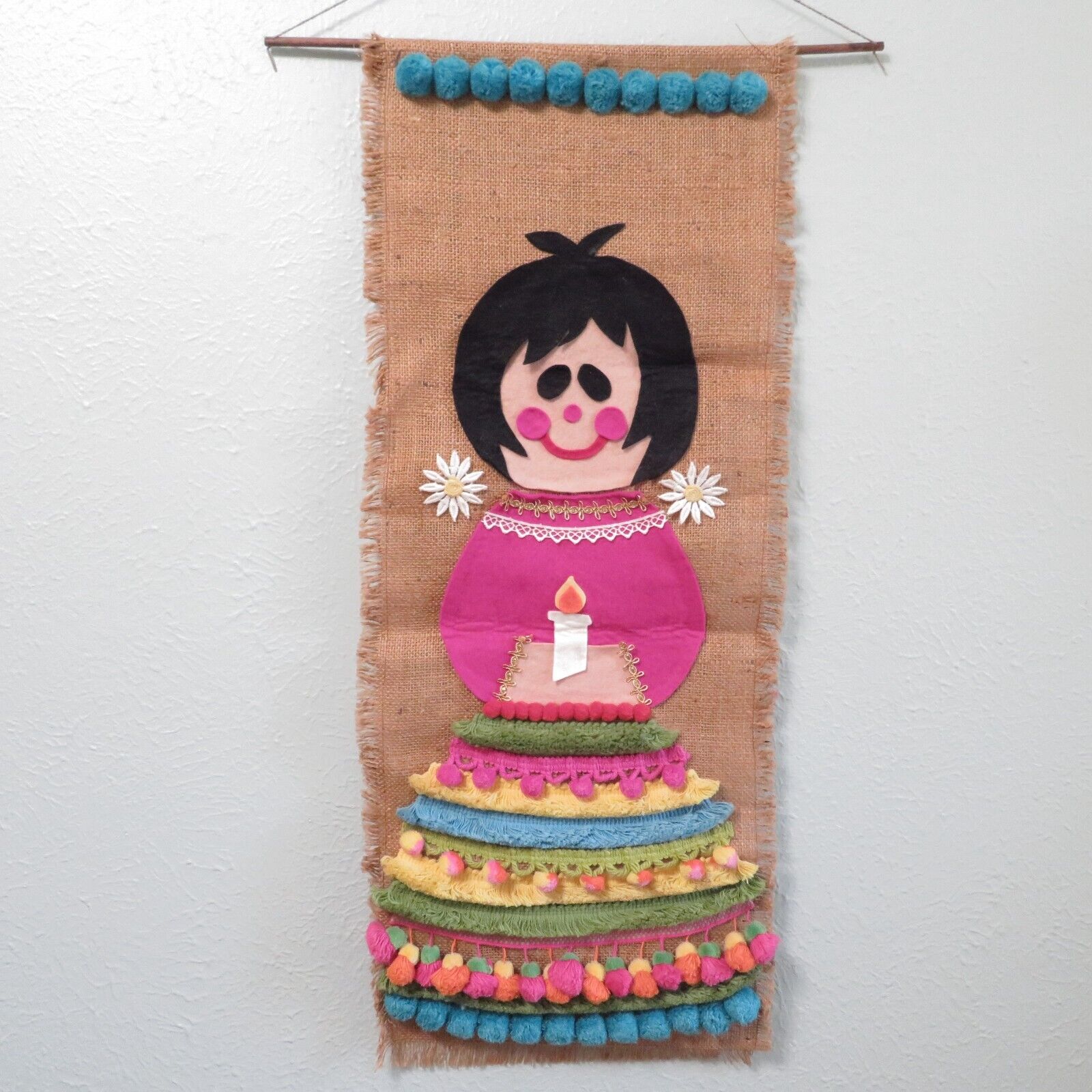 Vintage Mid Century Wall Hanging Girl Pom Pom Skirt Handmade Burlap Felt Banner