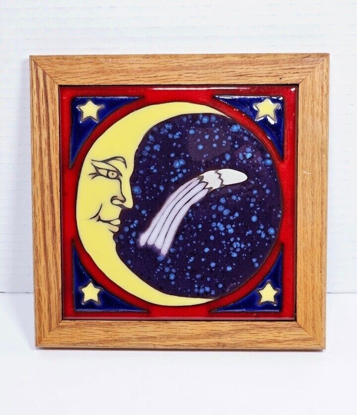 Vintage Triton Handpainted Tile Moon Stars Hanging Picture Hotplate Trivet 7.5