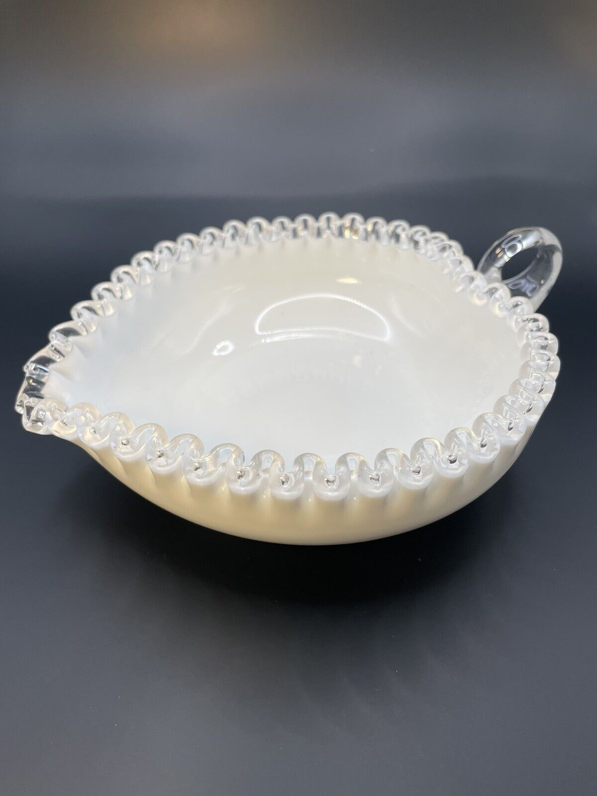 Vintage FENTON Milk Glass Silver Crest Double Crimp Heart Shape w/Handle Dish
