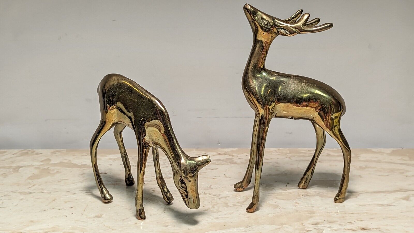 2 Mid Century Modern Vintage Brass Deer Figurines Buck & Doe Antlers 