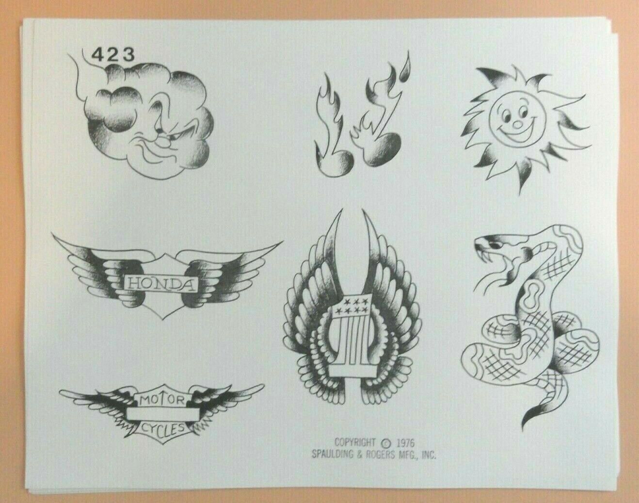 Vintage RARE 1976 Spaulding & Rogers Tattoo Flash Sheet #423 Harley Honda Snake