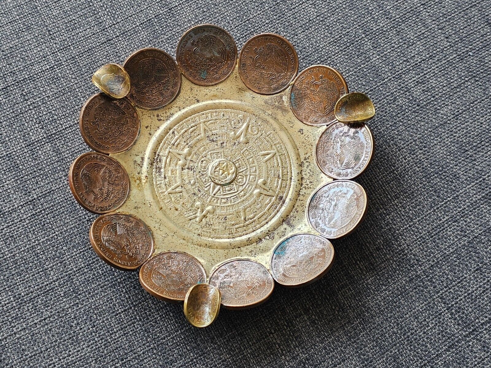 Vintage Handcrafted Mexico Mayan Coin Ashtray Souvenir - Pesos