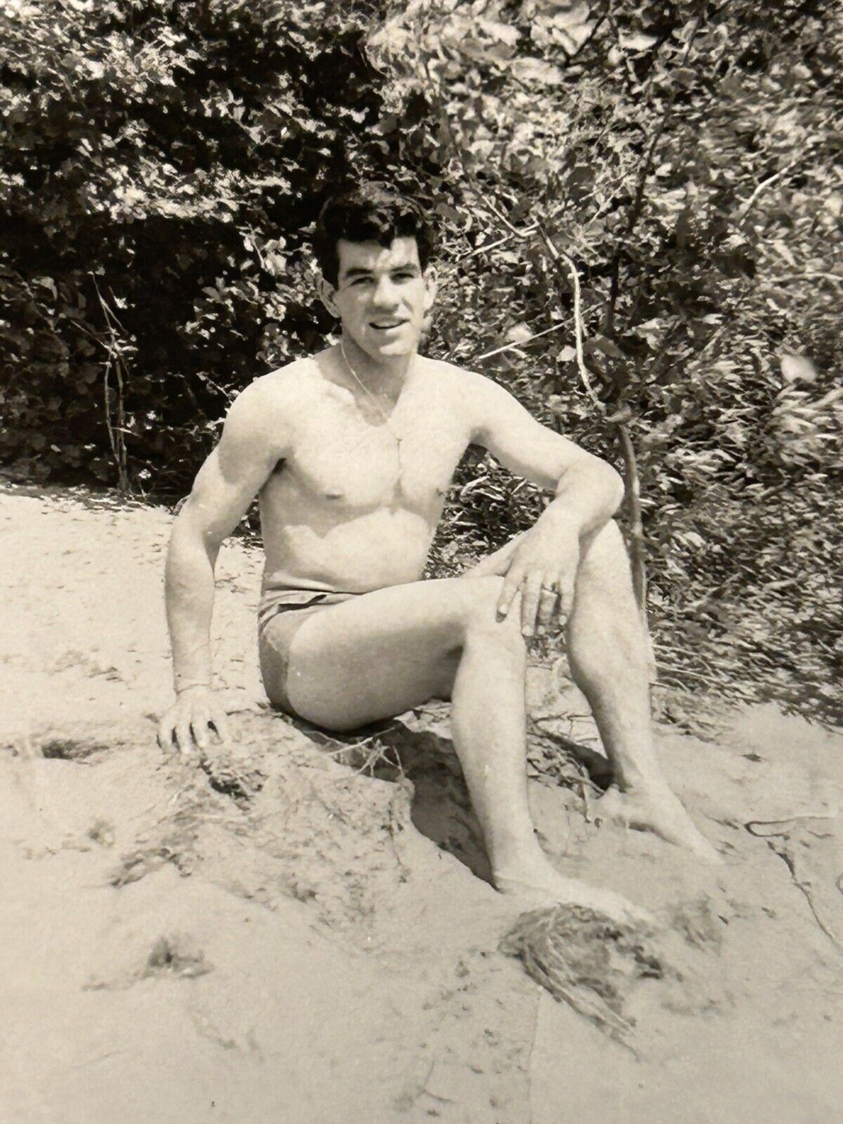 Vintage Photo Handsome man Shirtless swim Suit Beach