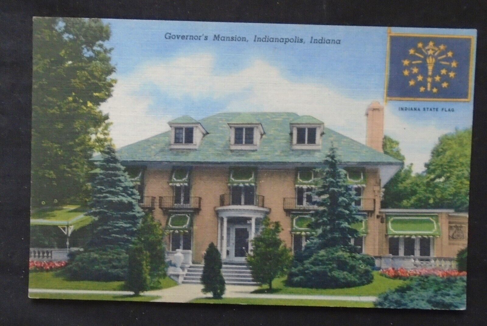 Indianapolis, IN, Governor\'s Mansion, State Flag, linen, pub 1951