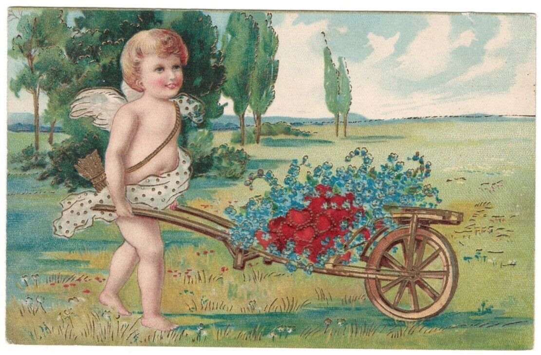 Antique Valentine\'s Day Postcard Embossed Vintage Angel Wheelbarrow Flowers