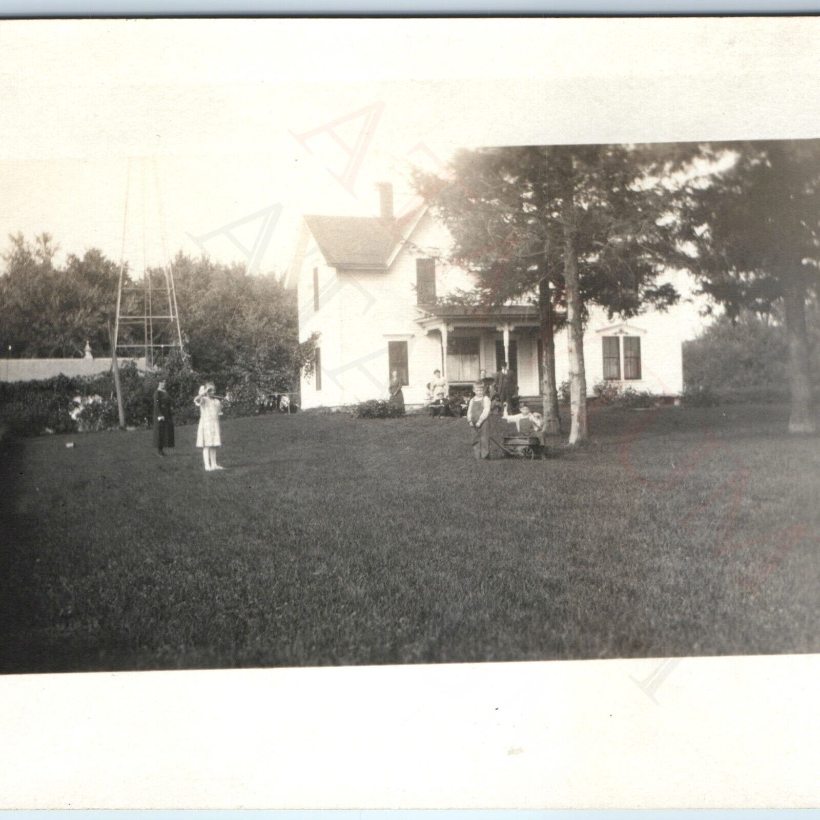 c1910s Lovely House Outdoor Lawn Family Gather RPPC Boys Girls Play Wagon A192