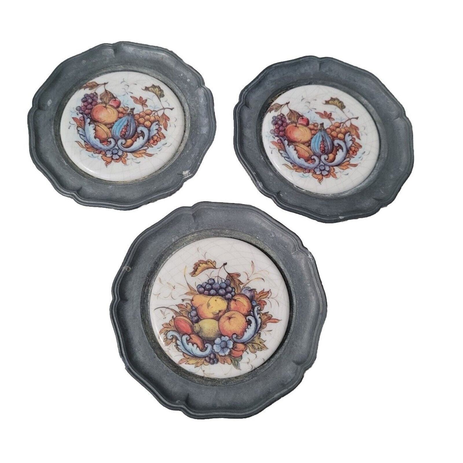 Set 3 Mid Century German Pewter Ceramic Mini Floral Wall Plates Set Coasters