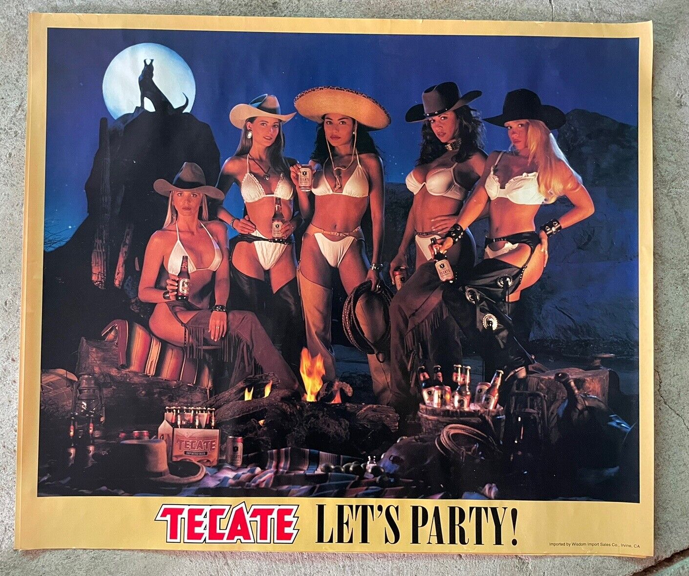 Vintage Tecate Let’s Party Poster Western Cowgirls Wolf Rare 22x26”