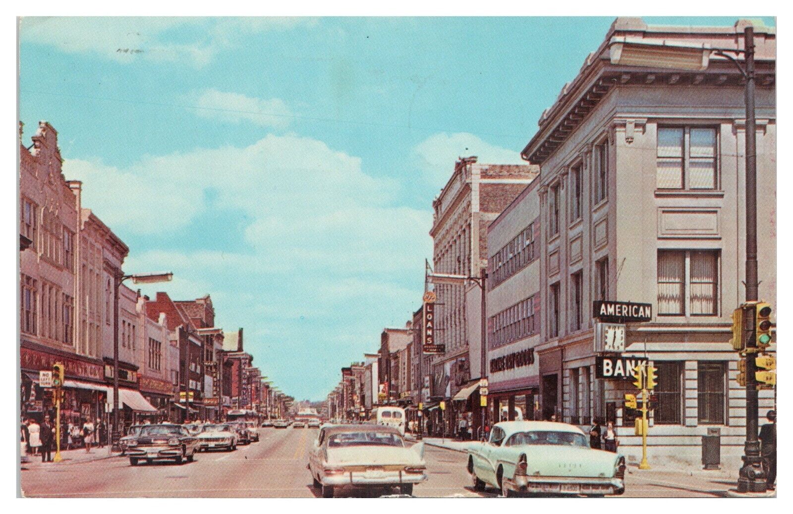 Vintage Main Street Racine WI Postcard c1970 Old Cars Shops Chrome